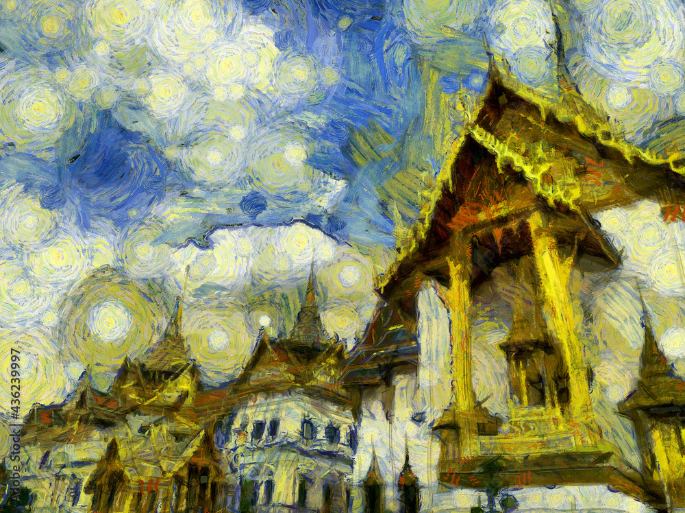 Obraz premium Grand Palace, Bangkok Illustrations creates an impressionist style of painting.