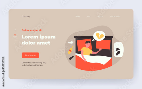 Man depressed about breakup. Unhappy divorcee with heartbreak, lying in bed, drinking alcohol. Flat vector illustration. Divorce, depression concept for banner, website design or landing web page
