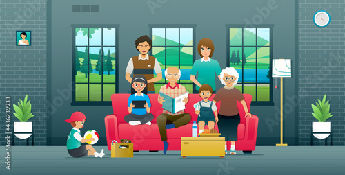 A family member is sitting on the sofa in the house.