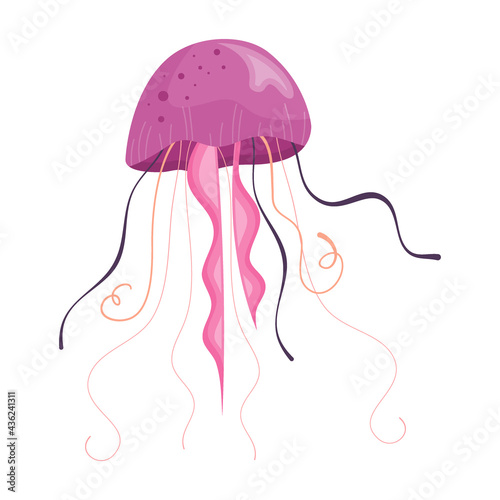 Pink jellyfish with tentacles is isolated on white background. Dangerous flying jellyfish, a marine animal that lives the oceans and seas. Vector illustration in cartoon style.