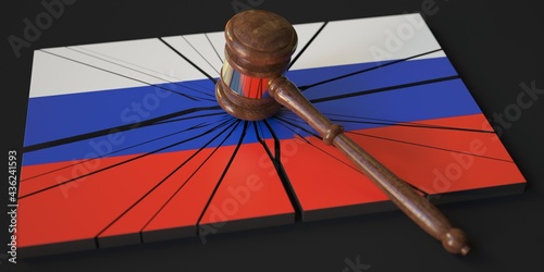 Judge's gavel and broken block with flag of Russia. Conceptual 3d rendering