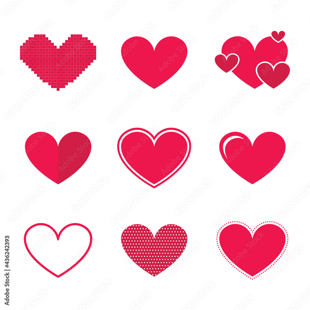 Heart Vector Set, Various Heart Shapes, Heart Icon, Red Heart, Valentine's Day Icon, Icon Set, Vector Illustration