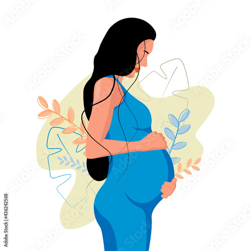 Pregnant woman waiting for baby on green floral background isolated on white. Vector illustration