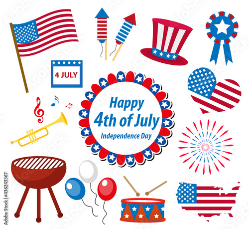 4th July Independence Day America celebration in USA, icons set, design element, flat style.Vector illustration