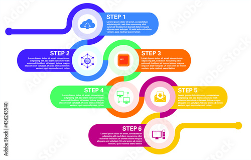 6 Step Vector Infographic with technology icons and six steps for presentations banner, workflow layout, process diagram, flow chart, info Infographics business concept. Business Infographics and icon