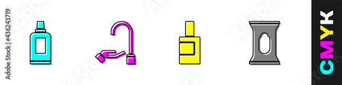 Set Bottle for cleaning agent, Washing hands with soap, and Wet wipe pack icon. Vector