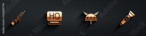 Set Sniper rifle with scope, Military headquarters, Viking in horned helmet and Flashlight icon with long shadow. Vector