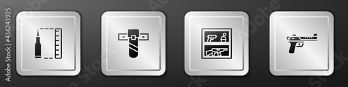 Set Bullet, Knife holster, Hunting shop weapon and Desert eagle gun icon. Silver square button. Vector