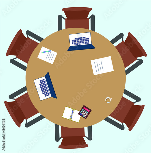 Modern office round table with chairs vector illustration of a Business Meeting internet Icon. Isometric corporate meeting. Business meeting with table and chairs. calculator coffee cup notes