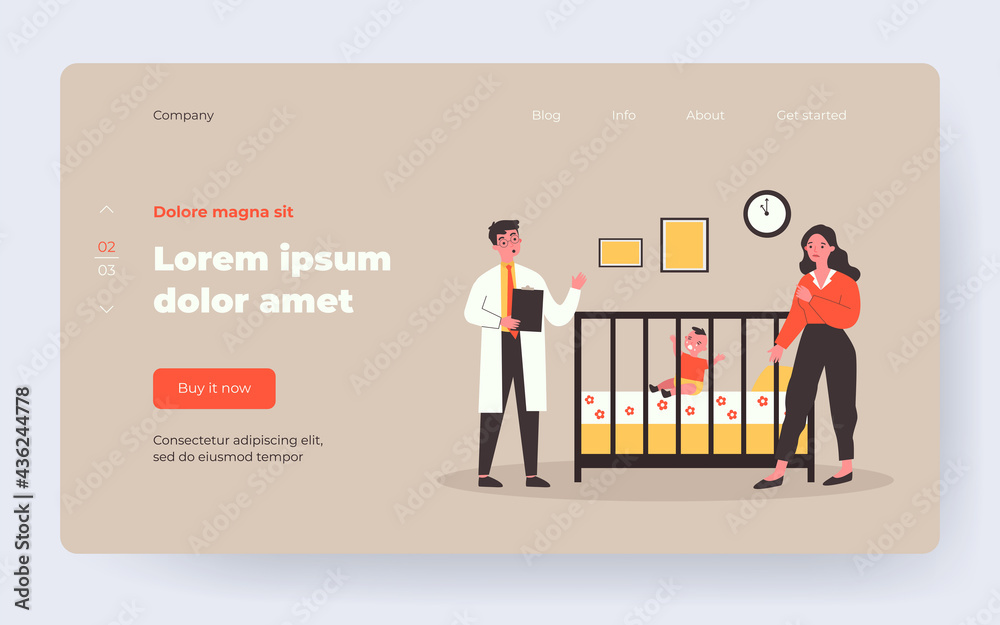 Physician treating little baby and talking with mom. Disease, child, home flat vector illustration. Medicine and healthcare concept for banner, website design or landing web page Physician treating little baby and talking with mom. Disease, child, home flat vector illustration. Medicine and healthcare concept for banner, website design or landing web page