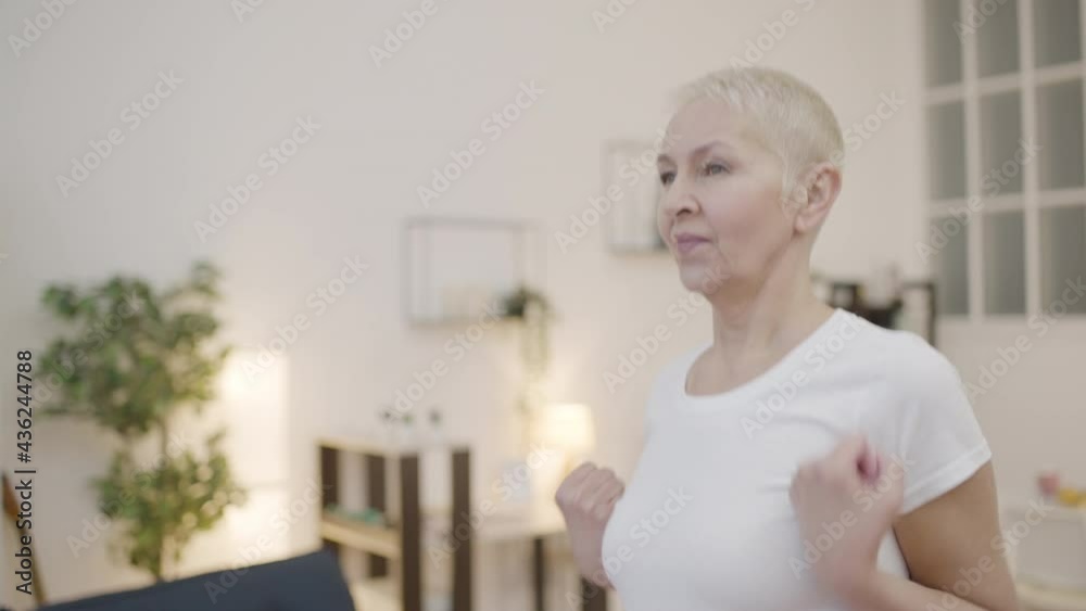Fit lady exercising at home and smiling, enjoying active healthy lifestyle Fit lady exercising at home and smiling, enjoying active healthy lifestyle