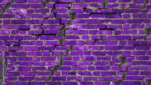 Vintage purple brick wall with cracks. Ruined wall of copy space. Brick background.