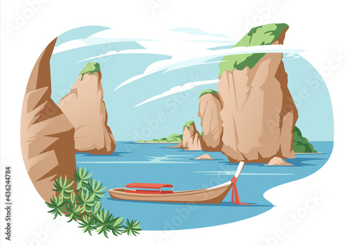 Asian thailand seaside traditional rest vacation landscape. Sea  Beach With Mountain Coast Seaside View Summer Seascape Flat Vector Illustration