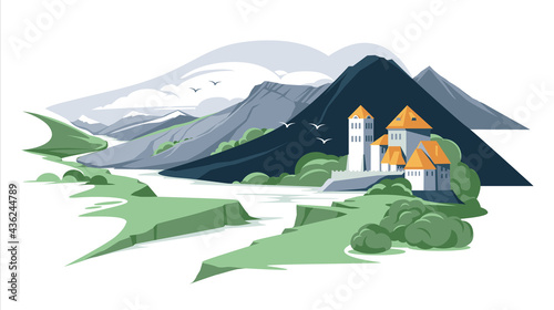 roman style mountain castle in summer landscape. Europe, france, German, Gerorgia flat colorful illustration