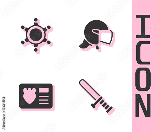 Set Police rubber baton, Hexagram sheriff, badge with id case and helmet icon. Vector
