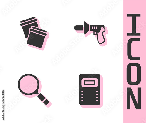 Set Police assault shield, Plastic bag with ziplock, Magnifying glass search and megaphone icon. Vector