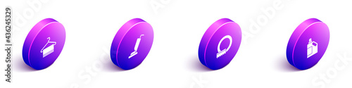 Set Isometric Towel on hanger, Vacuum cleaner, Washing dishes and Bottle for cleaning agent icon. Vector