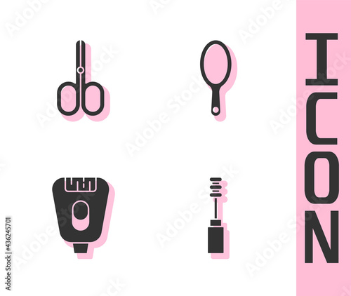 Set Mascara brush, Scissors, Epilator and Hand mirror icon. Vector
