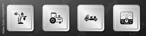 Set Strawberry bush, Tractor, Pickup truck and Automatic irrigation sprinklers icon. Silver square button. Vector