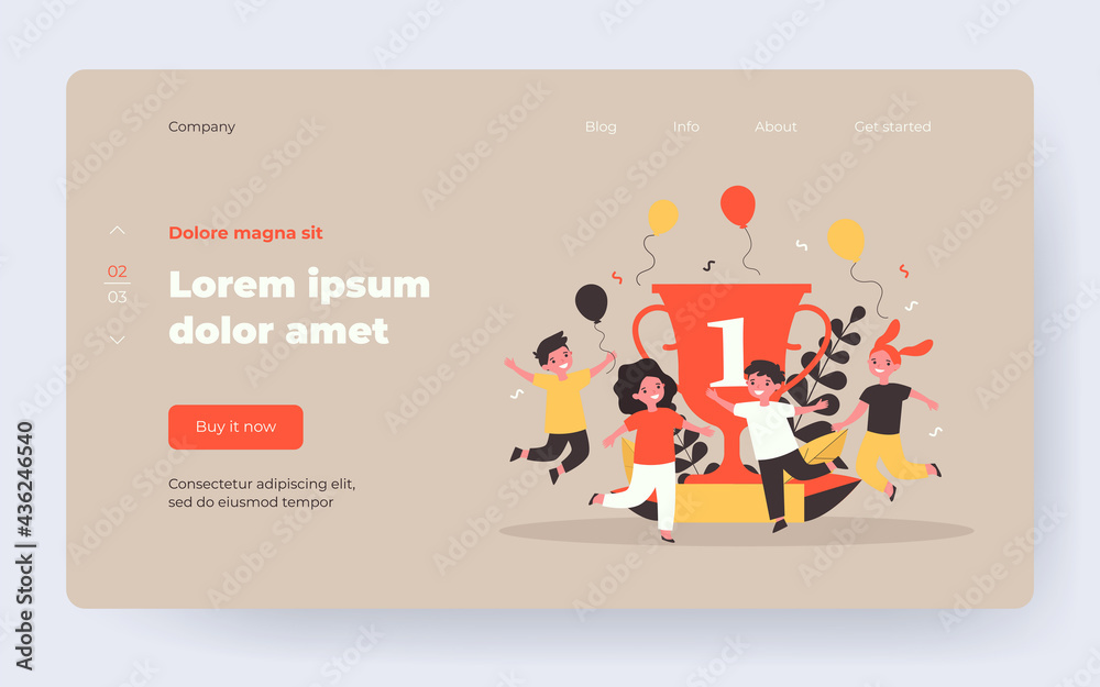 Happy little kids celebrating victory near golden cup. Balloon, place, contest flat vector illustration. Competition and success concept for banner, website design or landing web page