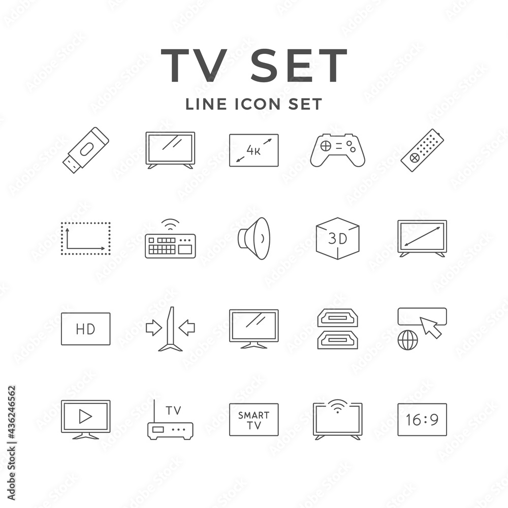 Set line icons of TV set isolated on white