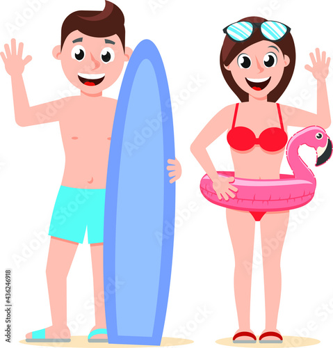 Guy with a surfboard and a girl with an inflatable flamingo in a swimsuit on a white background. Vacation by the sea