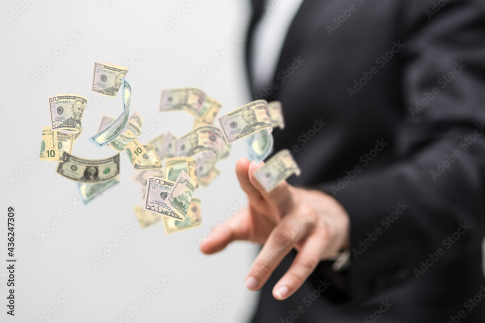 Panoramic image of falling Euro banknotes isolated on white.