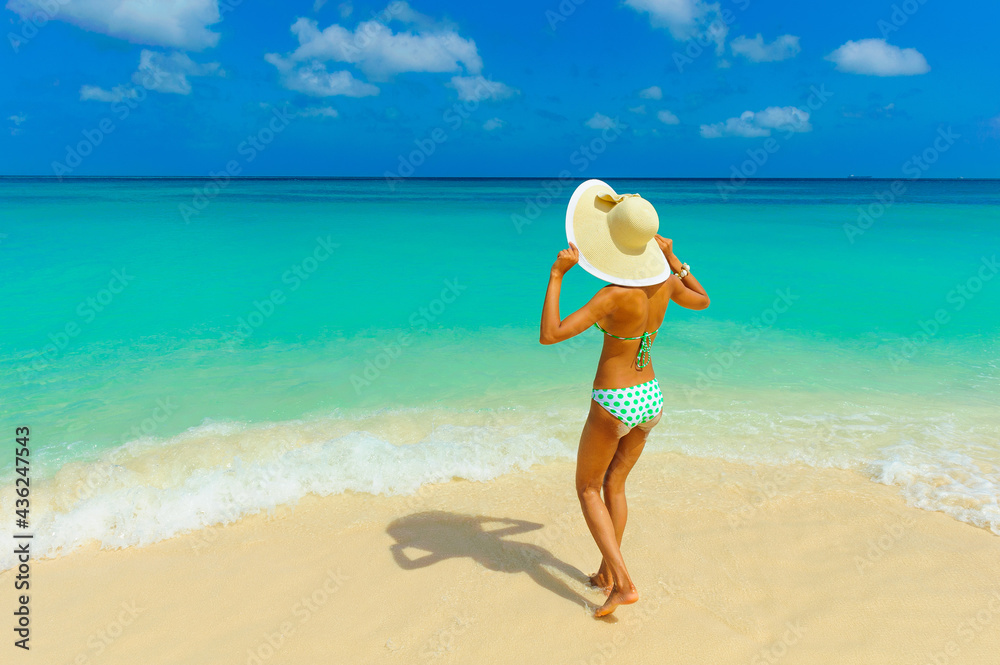 Fototapeta premium Girl in bikini having fun at the beach with beach hat standing on the shore looking at horizon, interracial, black 