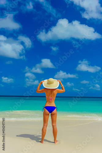 Girl in bikini having fun at the beach with beach hat standing on the shore, looking at horizon