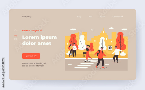 Young people skateboarding in city street, couple walking in park. Flat vector illustration. Urban lifestyle, spending free time concept for banner, website design or landing web page