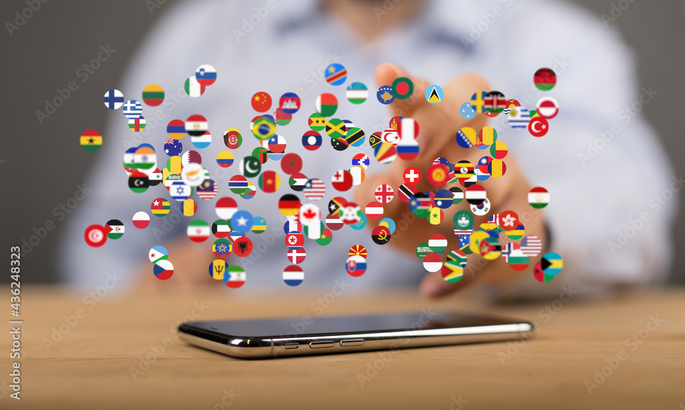 Global communication and international messaging concept, national flags of world