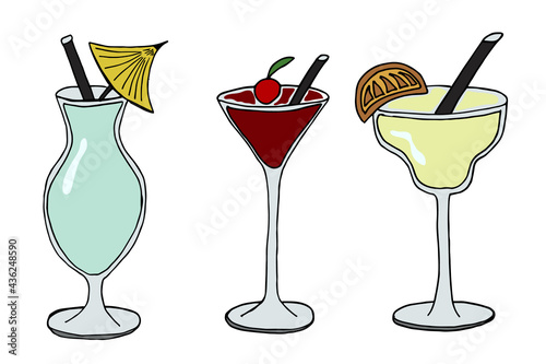 Set with hand drawn cocktails glasses. Isolated on white background. Cocktails vector doodle sketch. Coloring book template. Outline doodle elements vector illustration.