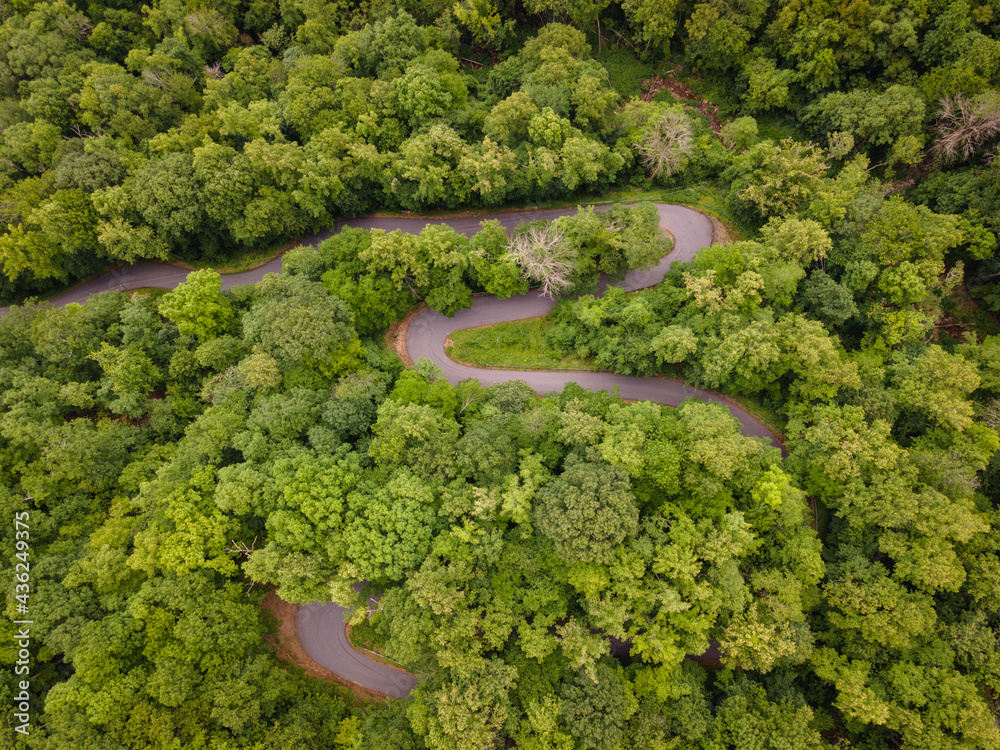 Aerial View of Winding Mountain Road in Appalachian Mountains of North Carolina in the Summer