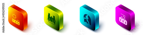 Set Isometric Drought, Say no to plastic bags poster, Global warming and Deforestation icon. Vector