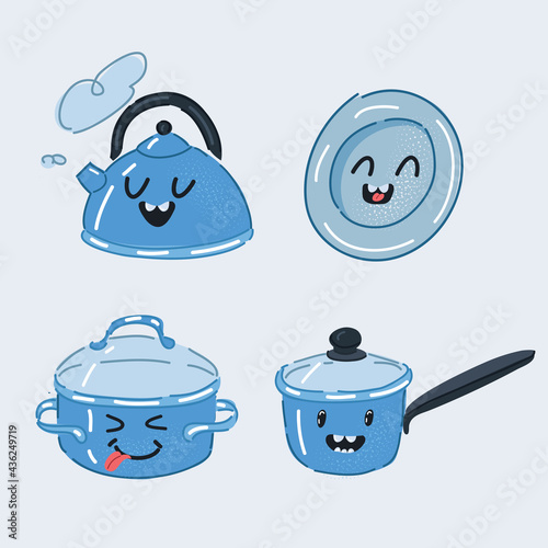 Vector illustration of Set of Funny Pans Smilies. Kettle, stewpan, saucepan, plate on white.