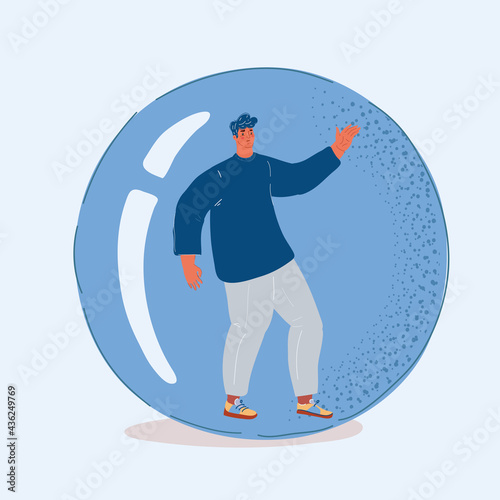 Vector illustration of Inflatable ball with man inside. Social isolation, introversion