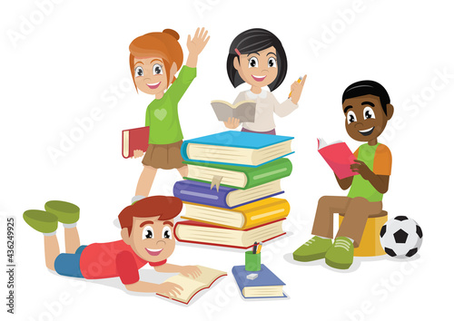 Cute kids reading book, happy kids reading books., Vector and illustration