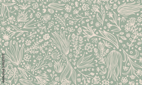 Different doodled vector botanical elements, flowers, leaves, branches, grass, herbs with dots and hearts seamless repeat pattern. All over surface print on sage green background. © MoJX.Studio