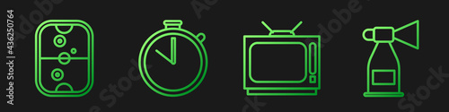 Set line Retro tv, Air hockey table, Stopwatch and Air horn. Gradient color icons. Vector