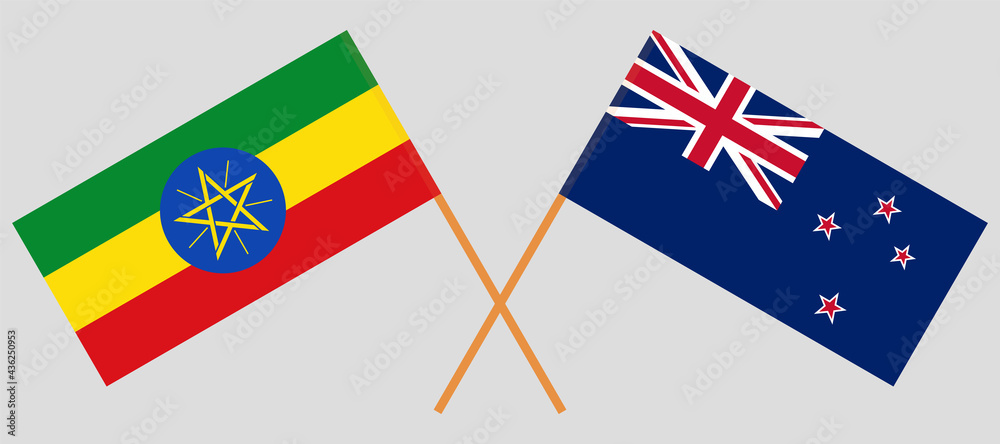 Crossed flags of Ethiopia and New Zealand. Official colors. Correct proportion