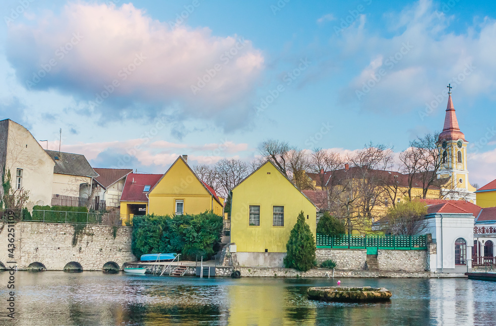 The Mill Pond (Malom-to) in Tapolca. The Lake is surrounded by antique buildings and high stone walls, is the most popular place of the town. Hungary