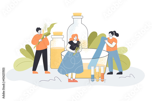 Tiny people making cosmetics from herbs. Oils and cosmetics for skin production process flat vector illustration. Chemistry, cosmetology concept for banner, website design or landing web page