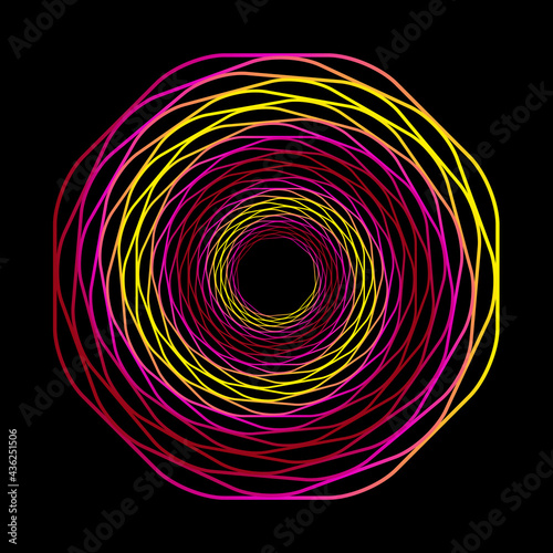 Abstract swirling lines octagon. Light forms graphic spiral different colors. Curved technology shape. Vector illustration.