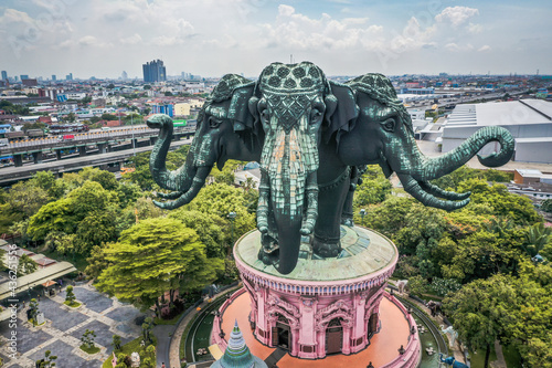 Aerial view of Erawan 3 headed elephant statue in Bangkok, Thailand