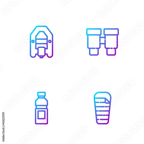 Set line Sleeping bag, Bottle of water, Rafting boat and Binoculars. Gradient color icons. Vector