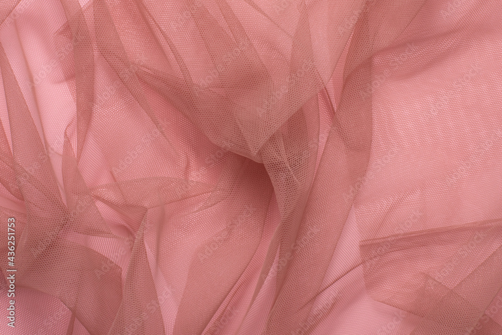 Texture of wrinkled, crumpled pink tulle fabric close-up. background for your mockup - obrazy, fototapety, plakaty 