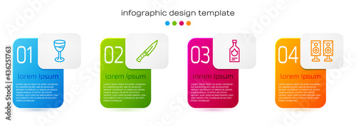 Set line Wine glass, Meat chopper, Tabasco sauce and Stereo speaker. Business infographic template. Vector