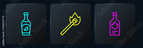 Set line Ketchup bottle, Tabasco sauce and Burning match with fire. Black square button. Vector