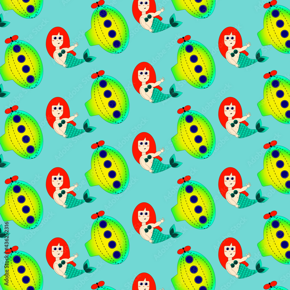 set of two elements little mermaid and submarine