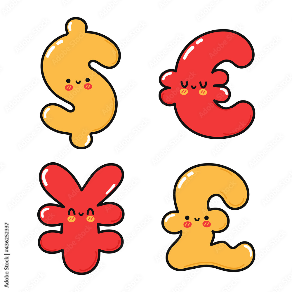 Funny cute happy money symbols characters bundle set. Vector kawaii line cartoon style illustration. Cute money symbols mascot character collection
